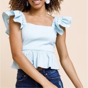 MiAmi Light Blue Ruffle Sleeve Top